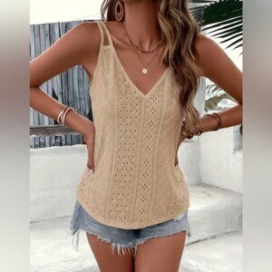 Boho Eyelet Embroidered V Neck Cami Top, Elegant Sleeveless Top
